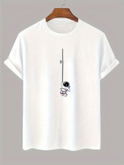 Astronaut Print Short Sleeve Crew Neck Tee, Casual Shirt for Outdoor Adventures