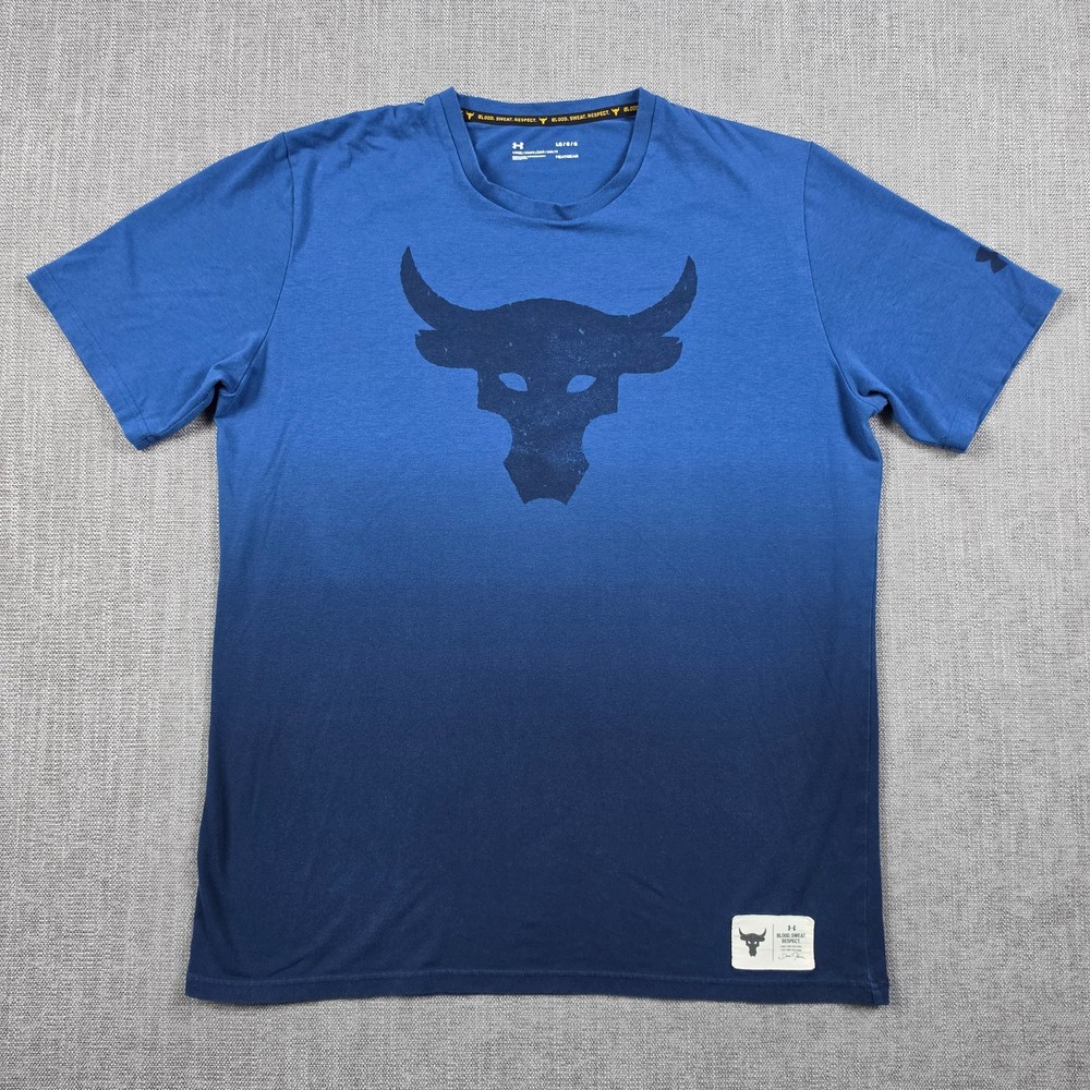 Under Armour Project Rock Shirt Mens Large L Blue Ombre Brahma Bull Graphic Tee
