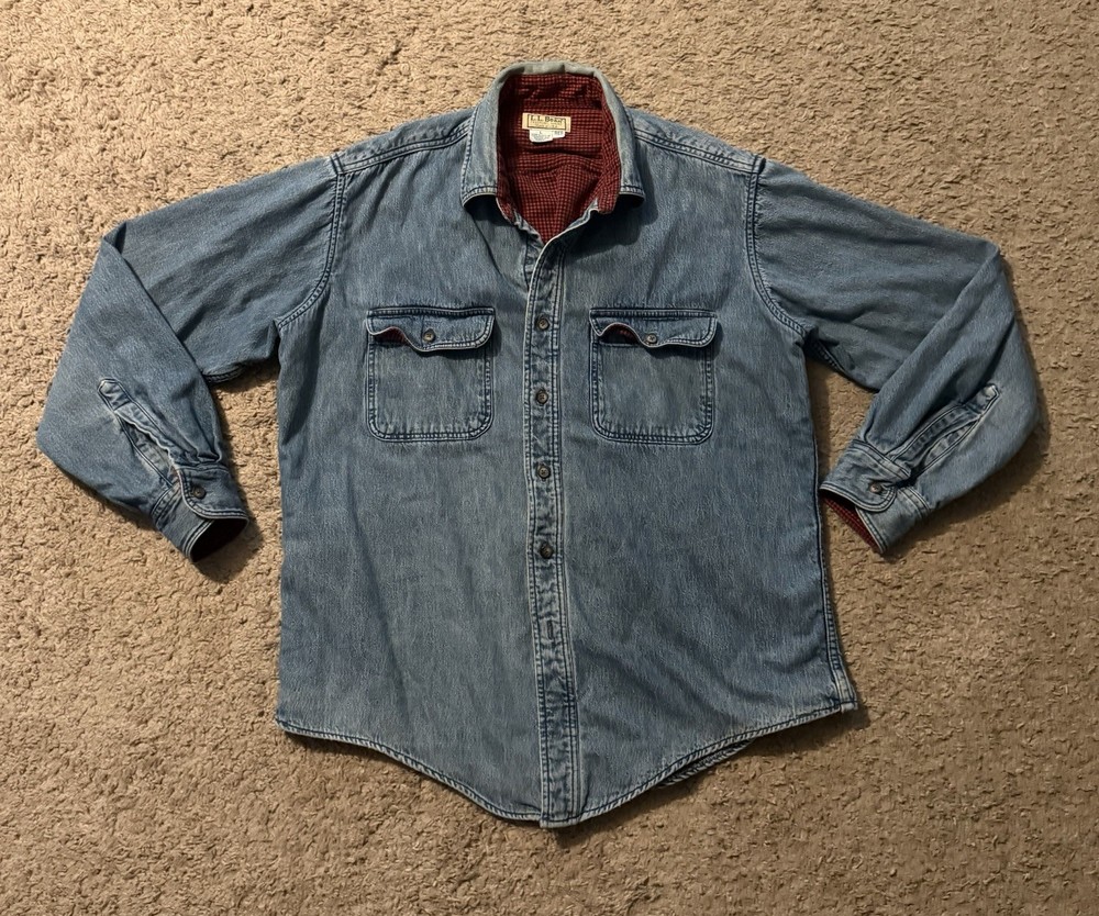 VTG L L Bean Lined Denim Shirt Blue Red Check Interior Large Made In USA