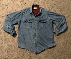 VTG L L Bean Lined Denim Shirt Blue Red Check Interior Large Made In USA