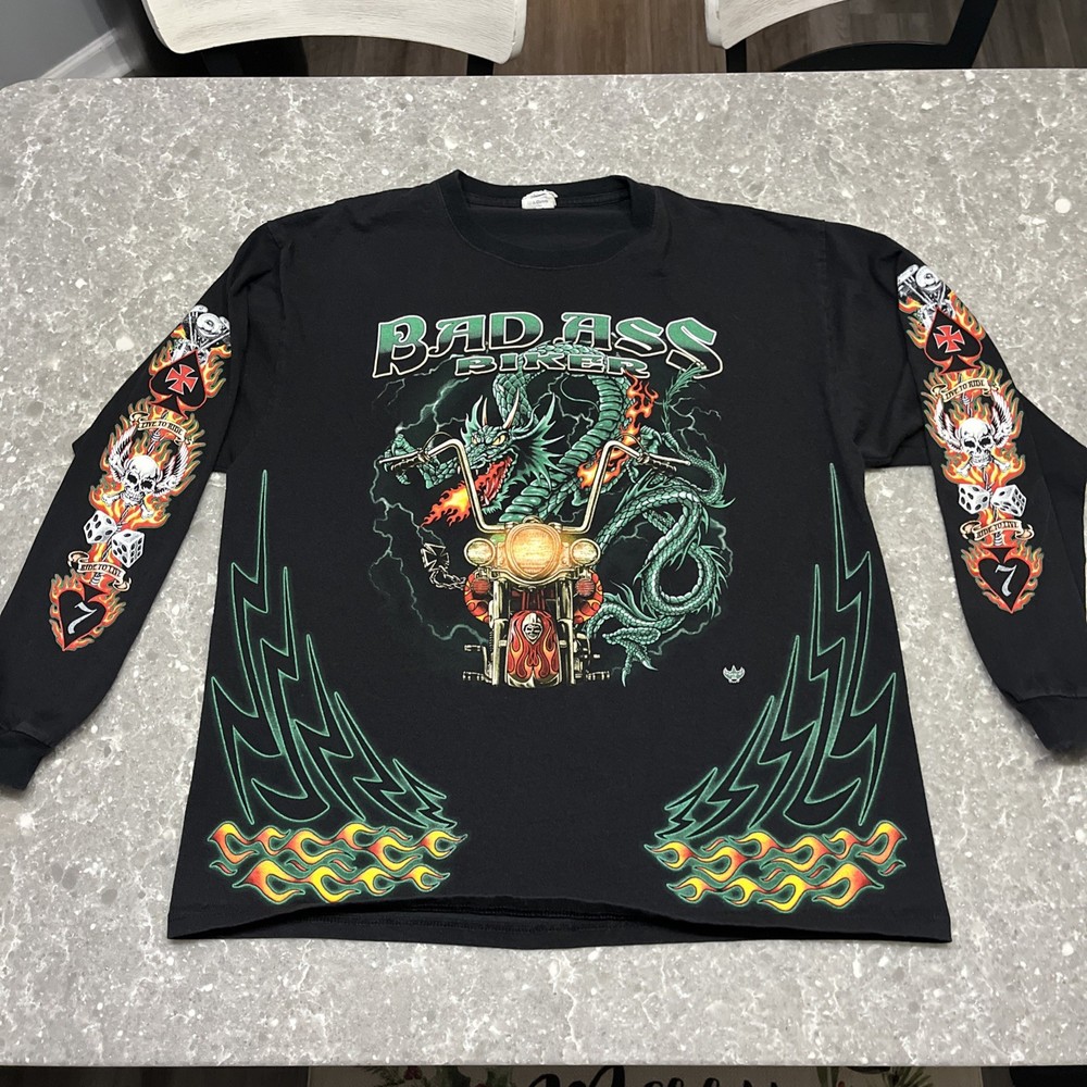 Bad Ass Bikers Long Sleeve T-Shirt Black Long Sleeve Dragon Size XL