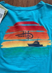 REEL LIFE NEW Fishing/Boating/Ocean Sunset Turquoise Blue LS TShirt (LARGE) NWT