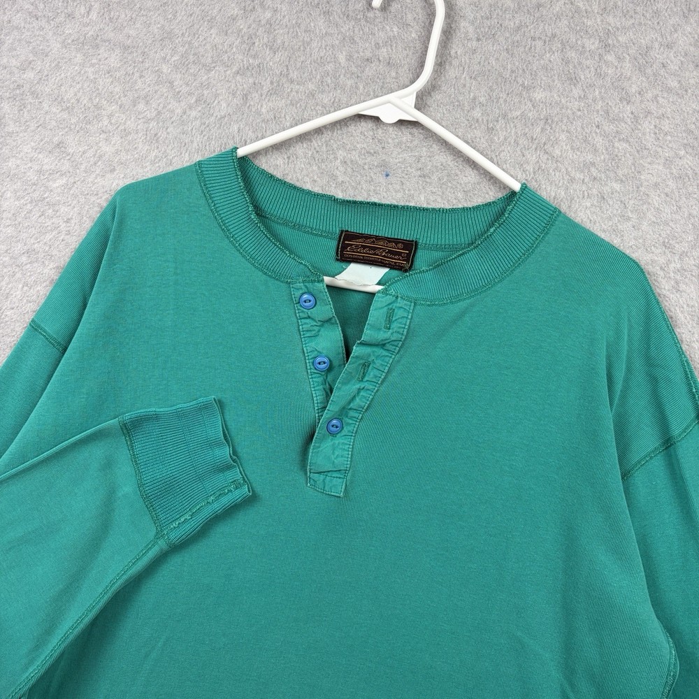 Vintage Eddie Bauer Shirt Mens Large Teal Henley Long Sleeve Knit 80s 90s USA