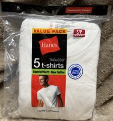 Hanes Cotton Tagless Lay Flat Collar TShirts White 5Pack Mens Small 34-36” NEW