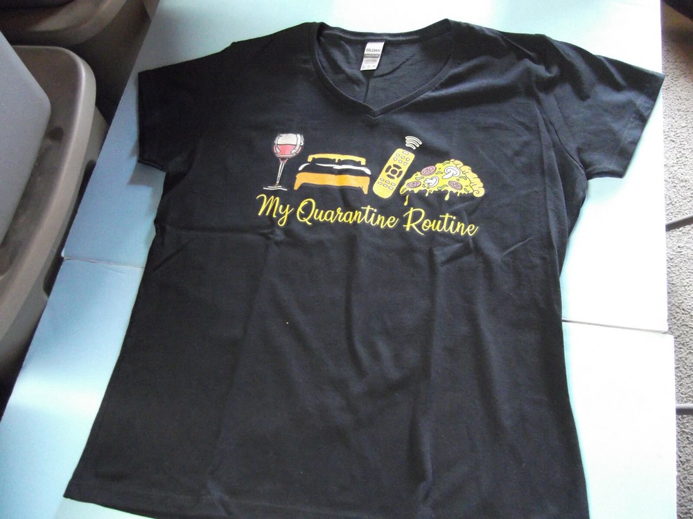 My Quarantine Routine V Neck Short Sleeve Graphic Tee Ladies XL Large