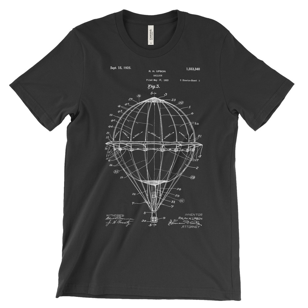 Hot Air Balloon Patent T-Shirt.100% Cotton Comfy Tee on Black White or Gray. NEW