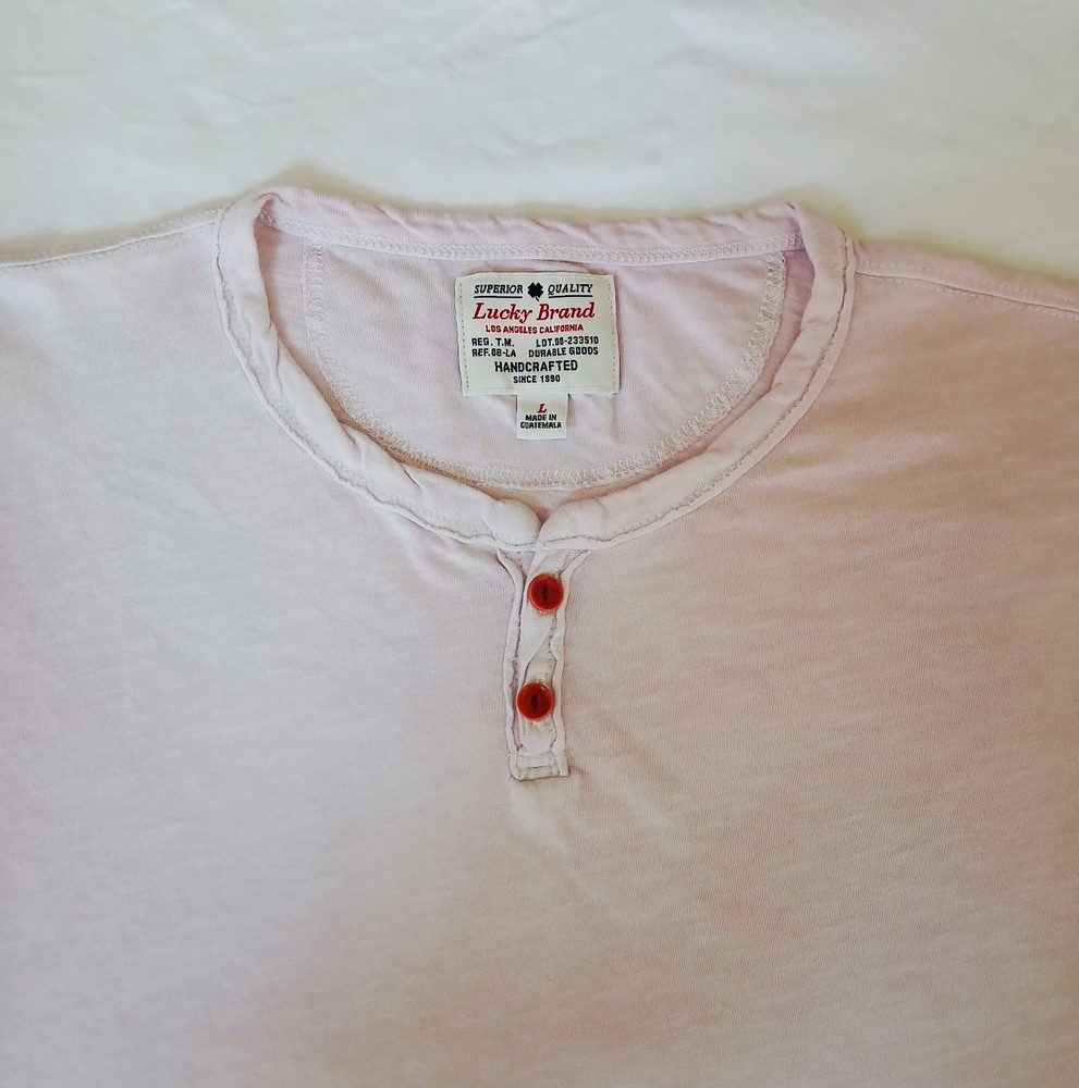 Lucky Brand California Henley Shirt Mens L White Pink Dyed Lightweight Cotton