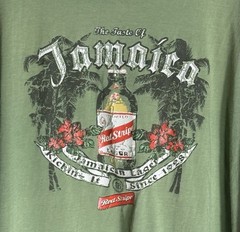 Vintage Jamaica Red Stripe Beer Faded T Shirt Sz XL Olive Green Caribbean Rasta