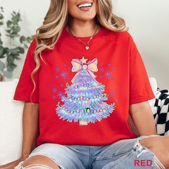 Pastel Holographic Christmas Tree Shirt, Coquette Christmas Tree Shirt, 203704