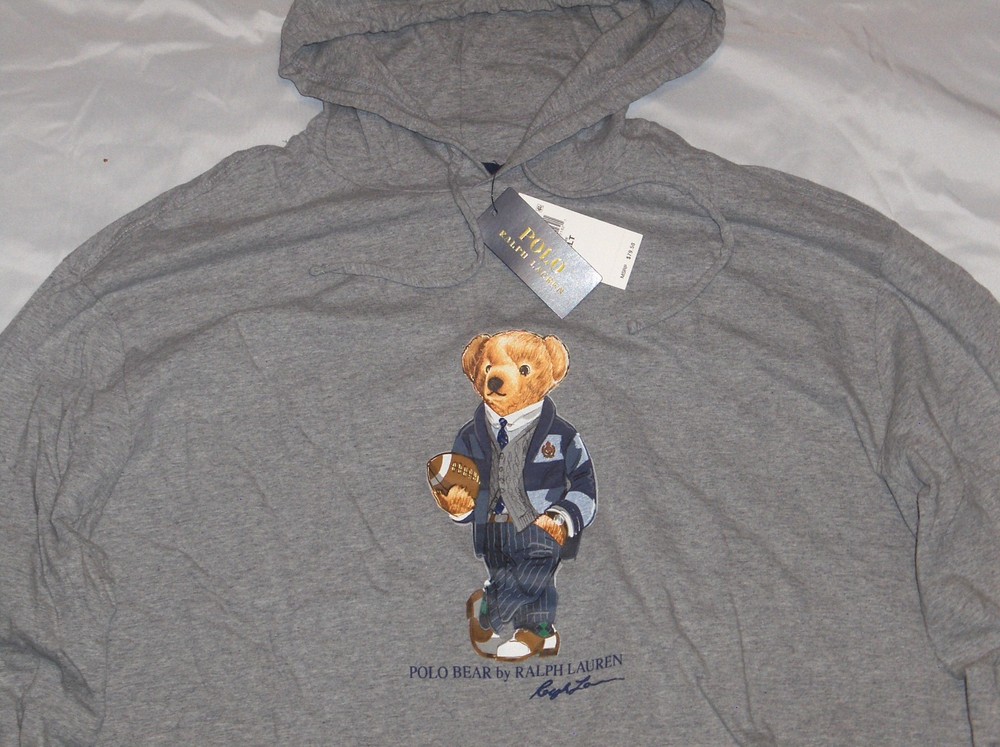 POLO RALPH LAUREN Mens BIG & TALL Football Bear Hoodie T-Shirt Tee, HEATHER GRAY