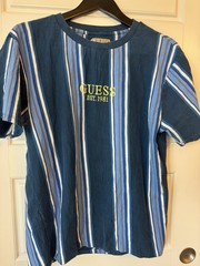 GUESS Originals Men’s Blue Striped Embroidered Logo Crew Neck T-Shirt Size M