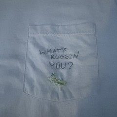 Fruit of the Loom beige t-shirt with embroidered grasshopper on pocket, size M