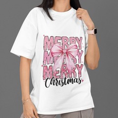 Merry Christmas Pink Bow Graphic Tee Cute Festive Holiday Aesthetic Unisex Winte