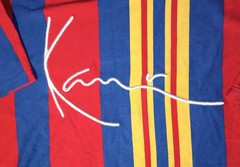 Karl Kani Vintage T-Shirt M Unisex Vertical Stripes Blue Red Yellow Embroidered