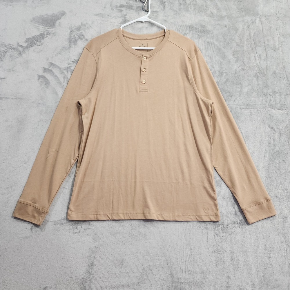 Vustra Shirt Mens L Beige Long Sleeve Henley Organic Cotton Sustainable Casual