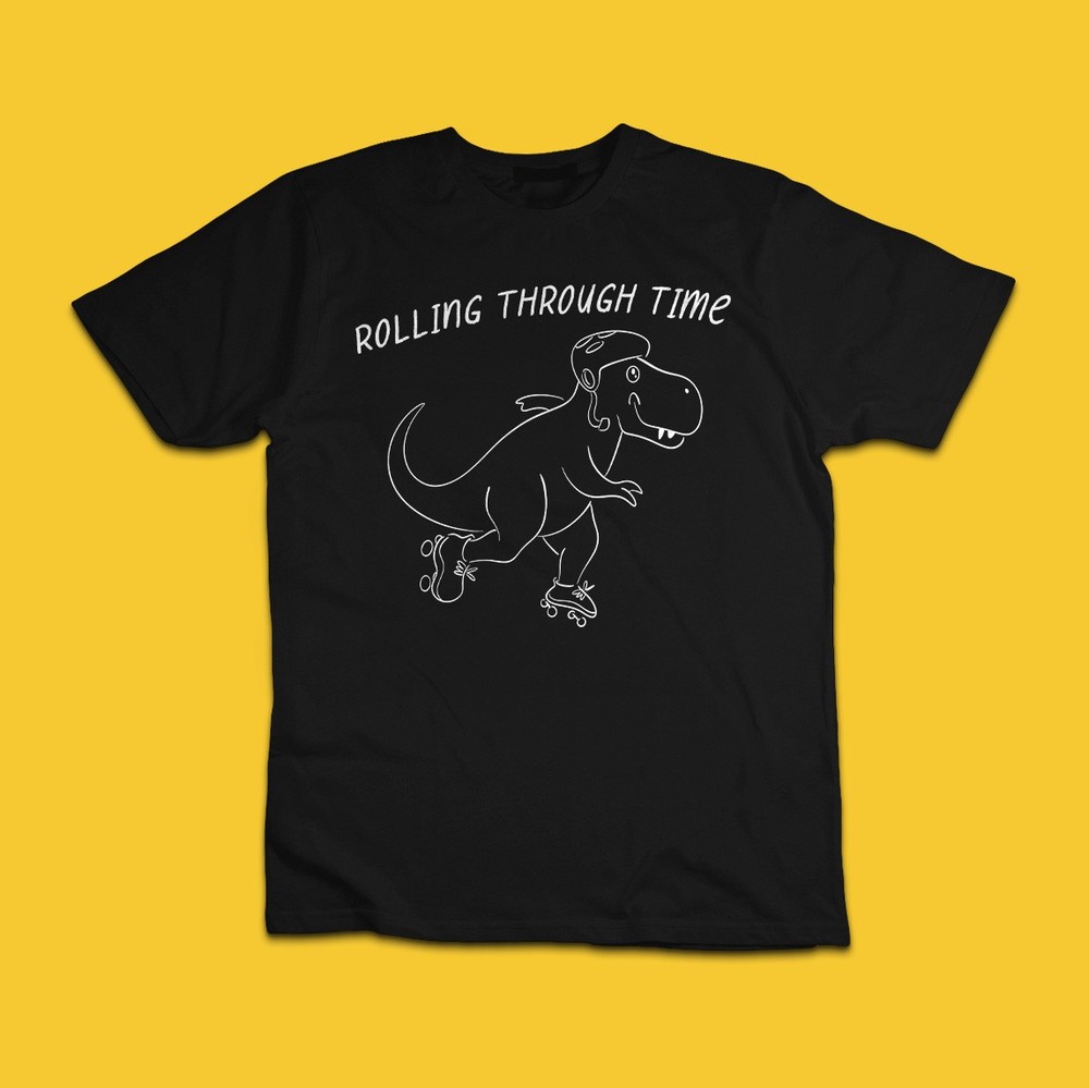 Rolling Through Time Funny Roller Skating Dinosaur Graphic T-Shirt