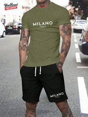 Man Soild Color Letter Print Sports T-Shirt Shorts Set Summer Men’S Short Sleeve
