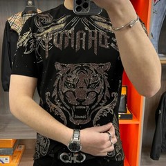 New Fashion Tiger Trend Rhinestone Summer Short Sleeve Luxury Black Men T-Shirt