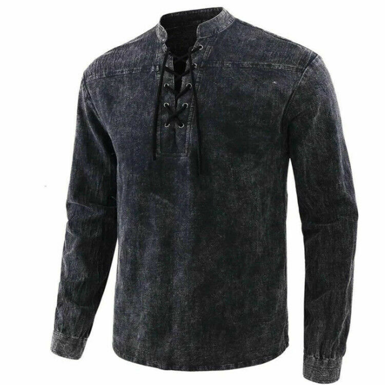 Men Fashion Casual Shirt Retro Pure Color Stand-Up Long Sleeve Collar Top