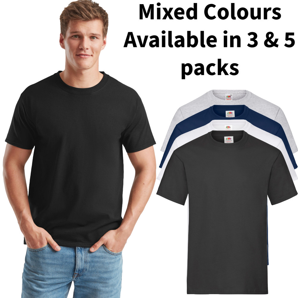 fruit of the loom t shirts heavy cotton pack Mens 5 & 3 Pack Plain Bulk Mixed