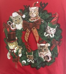 Holiday Time Men’s Cat Wreath Graphic Cotton Blend Christmas T-Shirt Red L 42-44