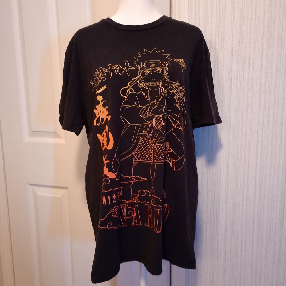 Naruto Men’s Black Anime T-Shirt Size L Graphic Print Jersey Casual, FUC
