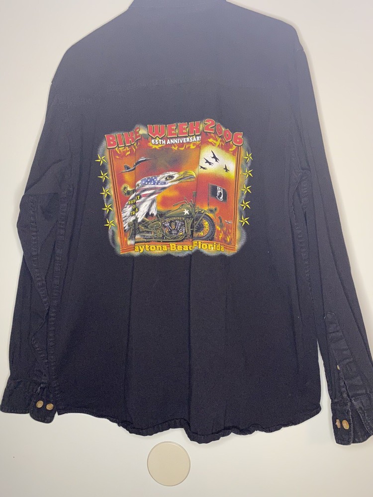 Bike Week Button Down Shirt LARGE Black Big Print Front And Back Rare