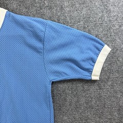 VTG 70s Nylon Mesh Flock Printed V Neck Jersey Mens M Blue Baseball Football