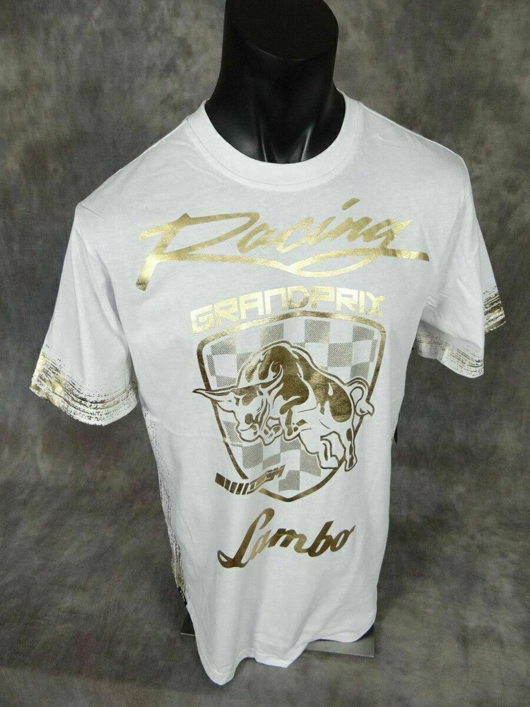Mens T-Shirt GRAND PRIX RACING with GOLD FOIL Seams Urban Style Red White Black