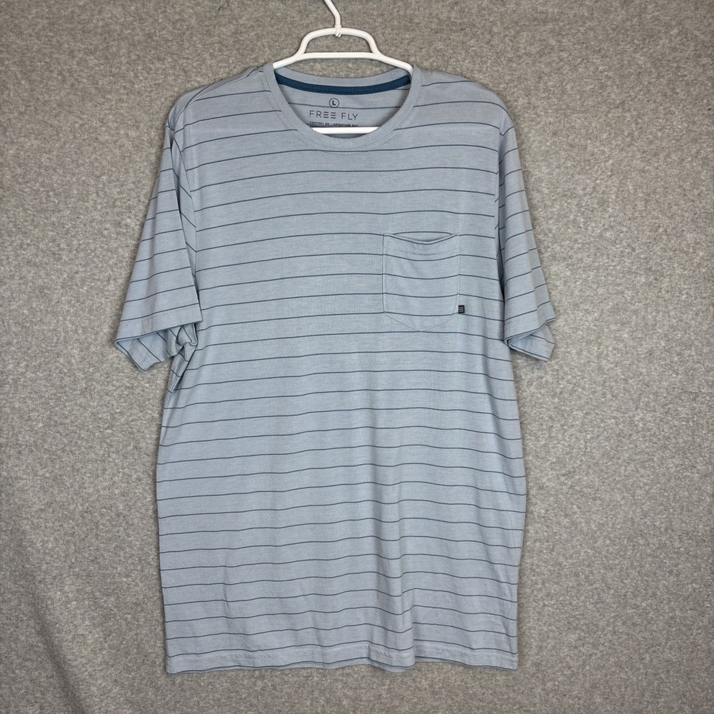 Free Fly T-Shirt Men’s Large Blue Stripe Performance Bamboo Pocket Short Sleeve