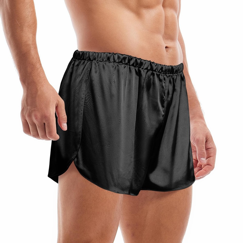 GENEMEN Mens Satin Boxers 3 Inch Inseam Silk Shorts Sexy Large, Black