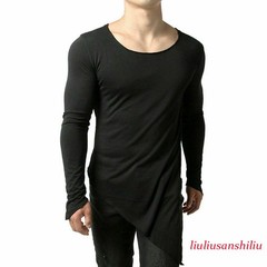 Mens Asymmetric Slit Hem Summer T-shirt Top Tee Long Sleeve Pullover Shirt Hot