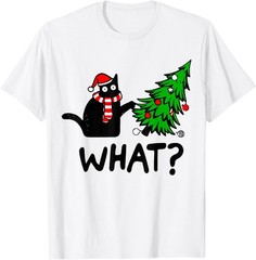 Funny Black Cat Gift Pushing Christmas Tree Over Cat What? T-Shirt