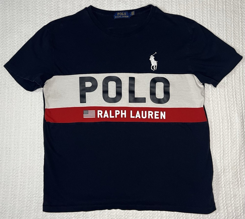 Polo Ralph Lauren Flag Logo Colorblock T-Shirt – Men’s Size M 20” X 24”– Navy