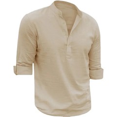 Men’s Shirts Henry Collar Soft Casual Spring Clothes Solid Color Long Sleeves Co