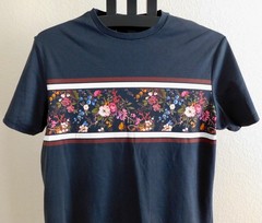 Murano Men’s XL Slim Fit T-Shirt Black Floral Stripe 100% Cotton Short Sleeve