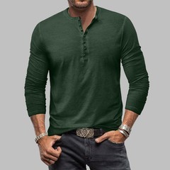 Mens Henley Grandad Casual Shirts Long Sleeve Muscle Slim Fit Button T Shirt Top