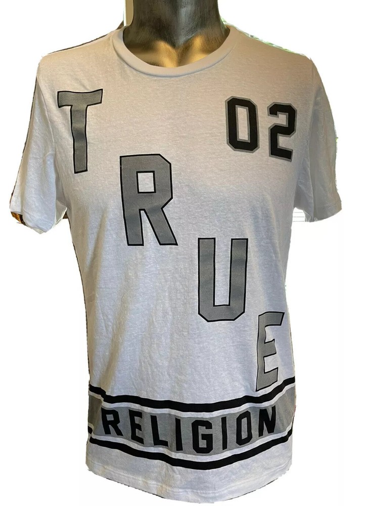 TRUE RELIGION SPELL OUT NEW WHITE BLACK Sparkle Gray 02 Shirt NEW Large Med