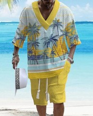 Beach Loose Print V-neck Mens Knitted Short-sleeved Short-shorts Set Casual 2pcs