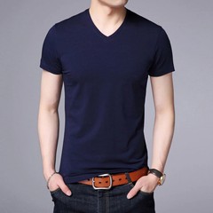 2025 Summer Brand Tops 95% Cotton 5% Spandex t Shirt For Men v Neck Plain Solid