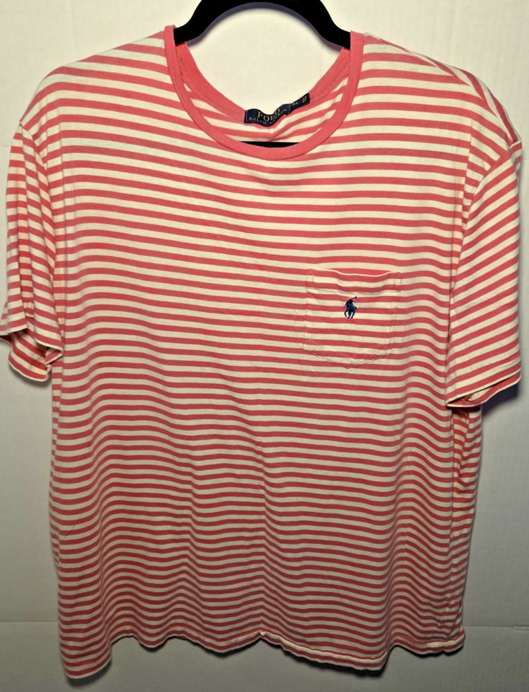 Polo Ralph Lauren T Shirt Mens XL Coral Cream Striped Pocket Pony Tee