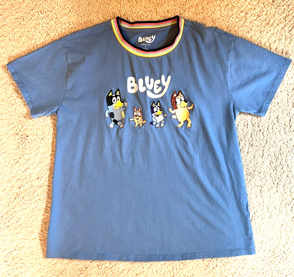 BLUEY Short Sleeve T SHIRT Bandit Bingo Bluey Chilli Embroidered BOX LUNCH Large