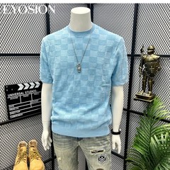 Men Knit Sweater Crewneck T-Shirt Plaid Checkered Casual Short Sleeve Tee Top