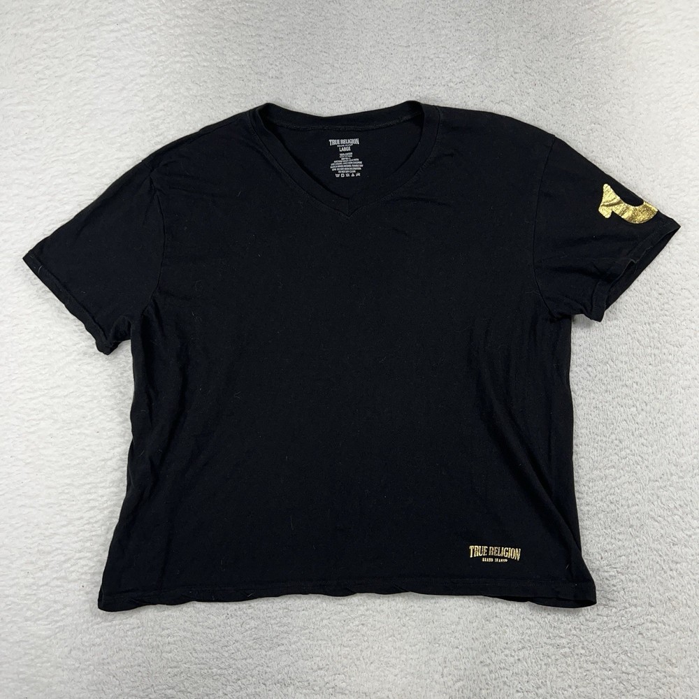 True Religion Men’s Black V-Neck T-Shirt Large Fits Wide And Short (M Oversized)