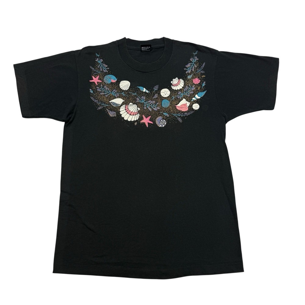 Vintage Seashells Shirt Adult Large L Black Pink Blue Short Sleeve Single Stitch