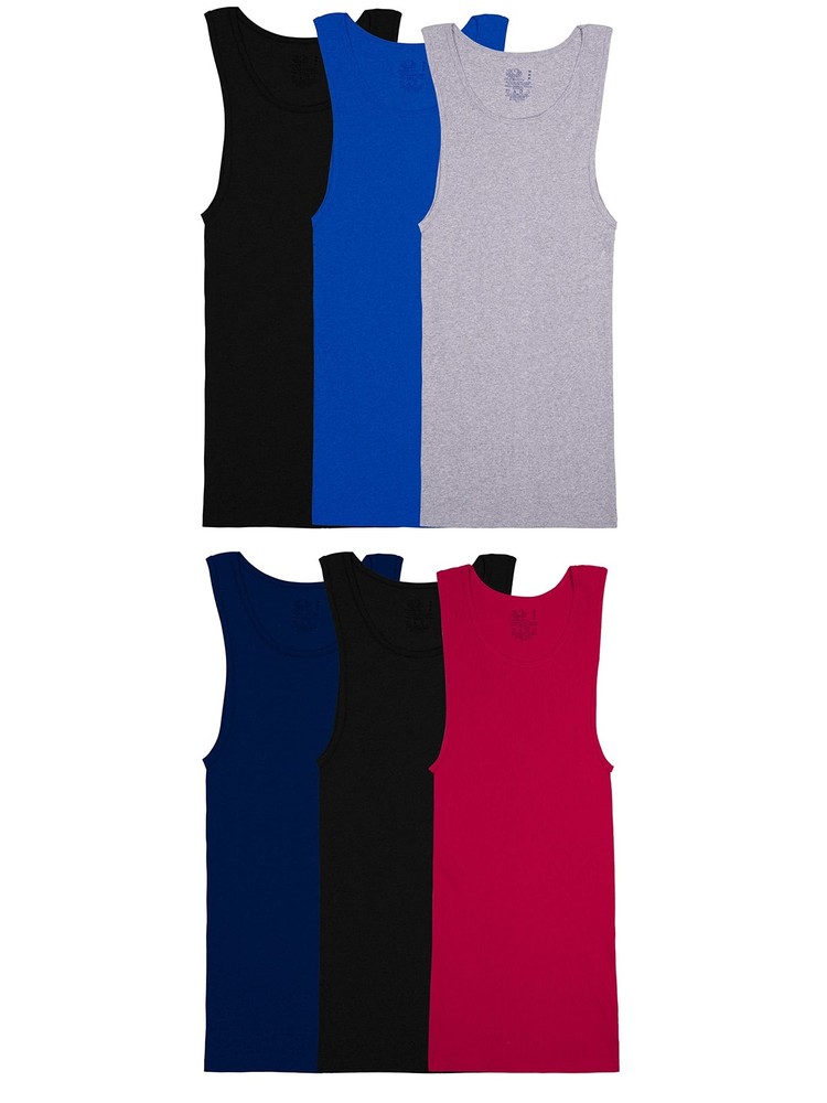 Men’s Sleeveless Tank A-Shirt, Tag Free, Moisture Wicking, Ribbed, 6 Pack, Large