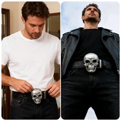 Men’s Skull Head Buckle Leather Belt Waist Band, Jeans Decorative Punk Belt (…