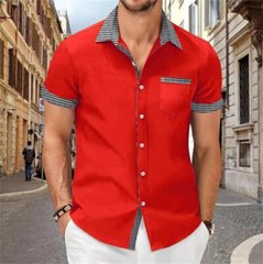 Camisa Con Botones Elegante De Manga Corta Para Hombres Sólida Cuello Levantado