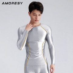 AMORESY Men Glossy Satin Oil Long-Sleeve Fitness T-Shirt Round Neck Running Tops