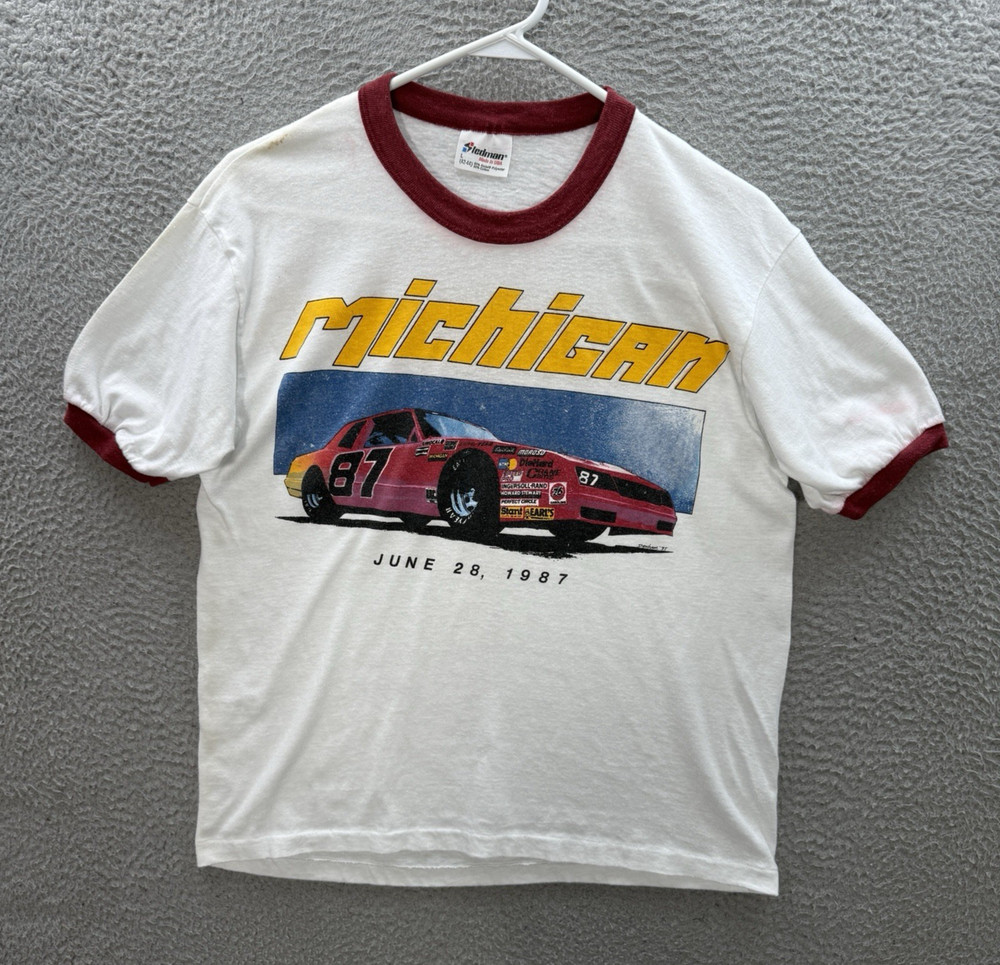 Vintage Stedman Shirt Adult Large White Ringer Stock Car Racing Grunge 80s Mens